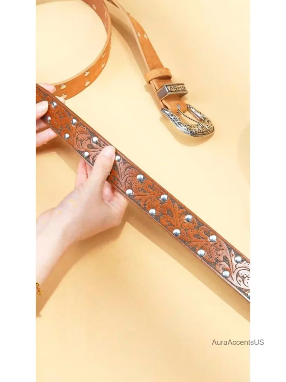 Vintage Engraved PU Leather Western Cowgirl Belt with Silver Buckle